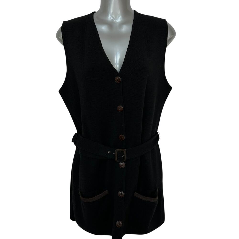 Vintage Burberry Sweater Vest Black Merino Wool Brown Leather Women's Medium